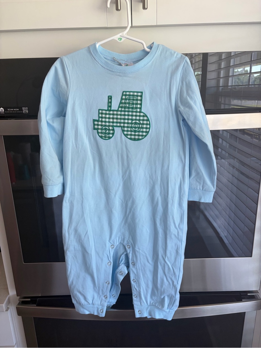Light Blue Infant One-Piece with Green Gingham Tractor